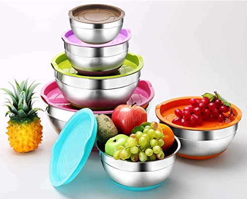 REGILLER Stainless Steel Mixing Bowls with Airtight Lids, 6 Piece Colorful Silicone Flat Base Nesting Metal Bowls, Measurement Lines for Cooking Supplies(Colorful)