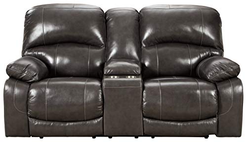 Signature Design by Ashley Jesolo Modern Faux Leather Manual Pull Tab Double Reclining Sofa, Dark Brown
