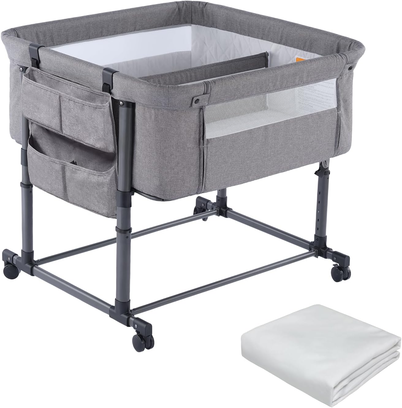 Twin Bassinet for 2 Babies,Adjustable Height Double Crib with Storage Bag and Replaceable Mattress Cover, Portable Twin Bedside Crib Attaches to Bed with Strap for 0-6 Months Twins Baby Grey