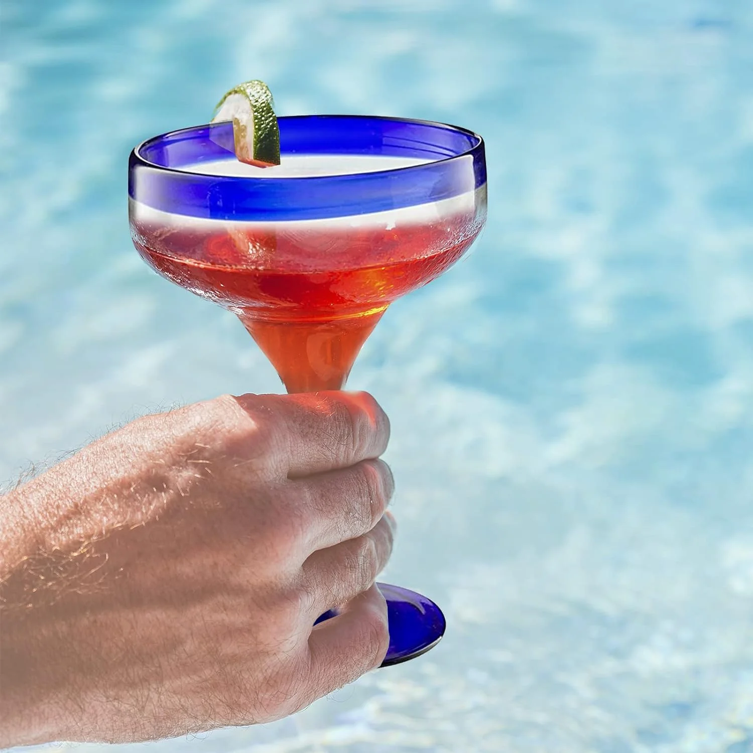 TWS Mexican Hand Blown 16oz Glasses, Set of 4, Cobalt Blue Rim, Margarita & Cocktail - The Wine Savant, Dishwasher Safe
