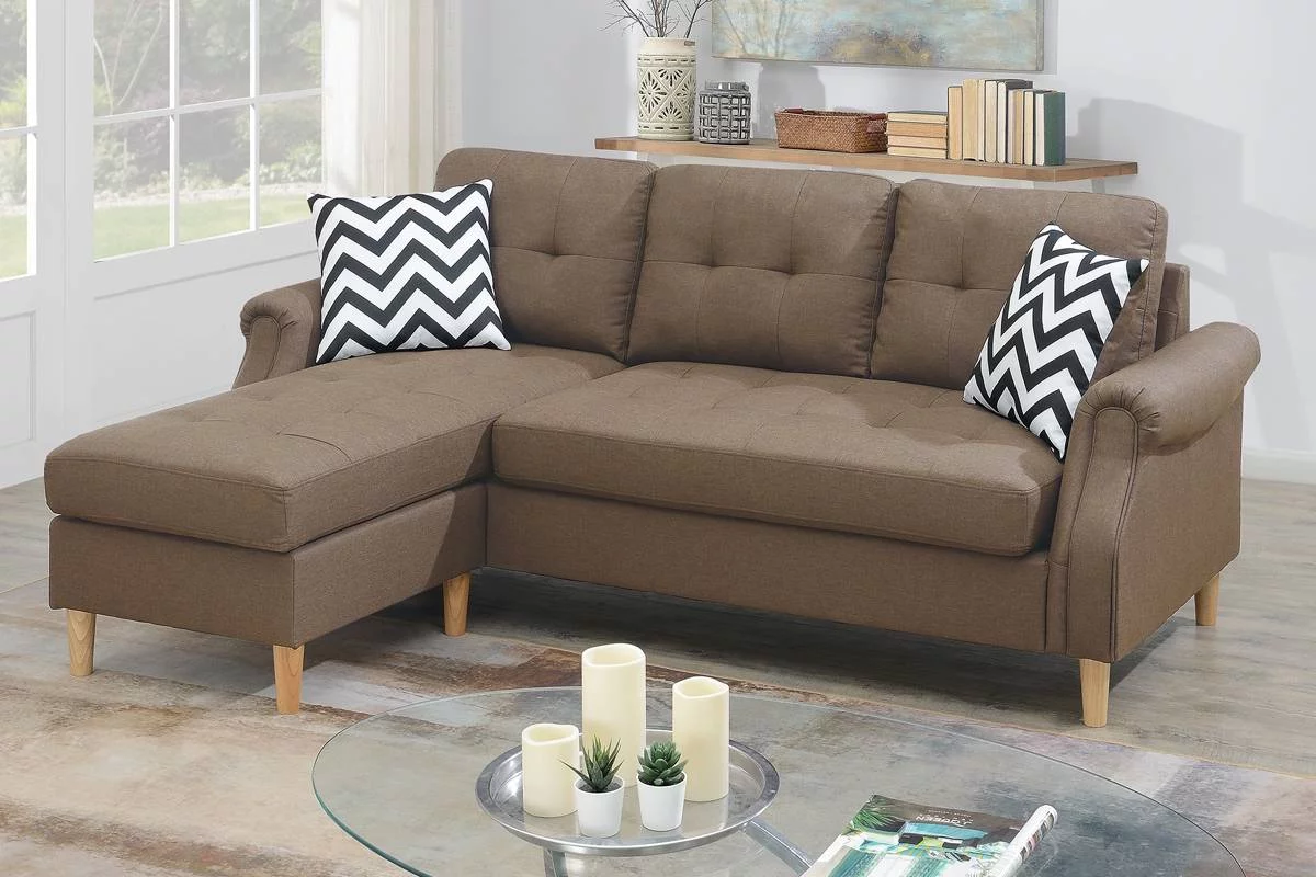 Living Room Modern Relax Small Family Reversible Sectional Sofa Set Polyfiber Light Coffee Cushion Couch Pillows