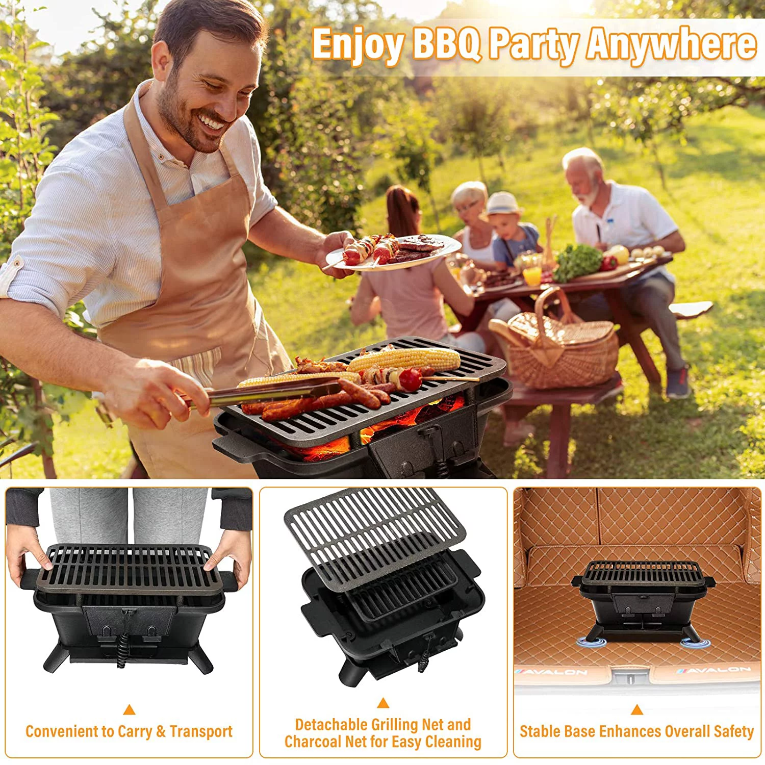 Charcoal Grill, Portable BBQ Grill with Double-sided Grilling Net, Air Regulating Door, Fire Gate, Perfect for Outdoor Picnic, Camping, Patio, Backyard Cooking