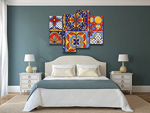 Talavera Handcrafted Mexican Ceramic Tile Pattern Canvas Wall Art Hanging Paintings Modern Artwork Abstract Picture Prints Home Decoration Gift Unique Designed Framed 4 panel