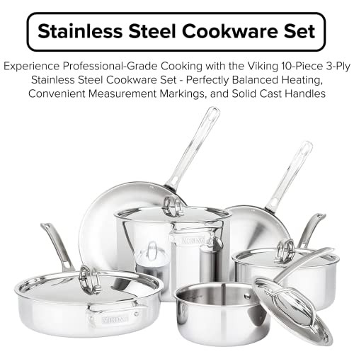 Viking Culinary 3-Ply Stainless Steel Cookware Set with Metal Lids, 5 Piece, Dishwasher, Oven Safe, Works on All Cooktops including Induction