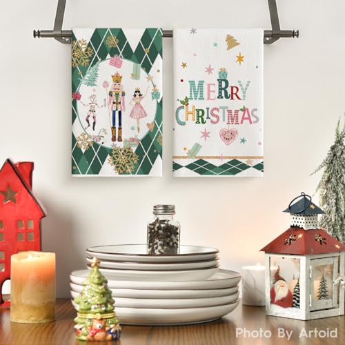 Artoid Mode Pink Nutcrackers Tree Holly Jolly Merry Christmas Kitchen Towels Dish Towels, 18x26 Inch Seasonal Winter Xmas Decoration Hand Towels Set of 4