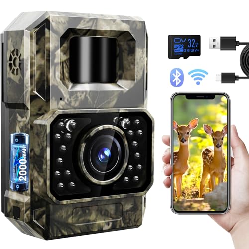 MAXDONE Trail Camera Bluetooth Game Camera, 2000mAh Built-in Battery Rechargeable Power Hunting Cameras with Night Vision Trail Cam Bluetooth 48MP Wildlife Cameras Wi-Fi Deer Cams (No Screen)