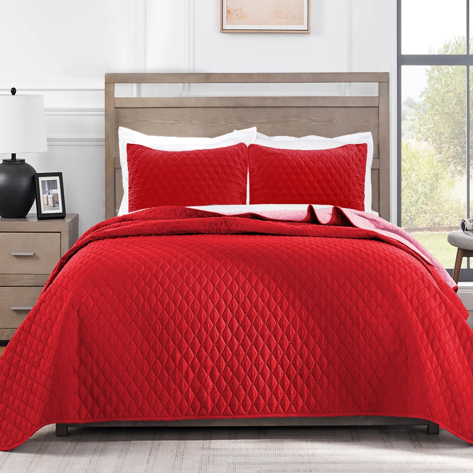 Exclusivo Mezcla Ultrasonic Reversible Twin Quilt Bedding Set with Pillow Sham, Lightweight Quilts Twin Size, Soft Bedspreads Bed Coverlets for All Seasons - (Red, 68