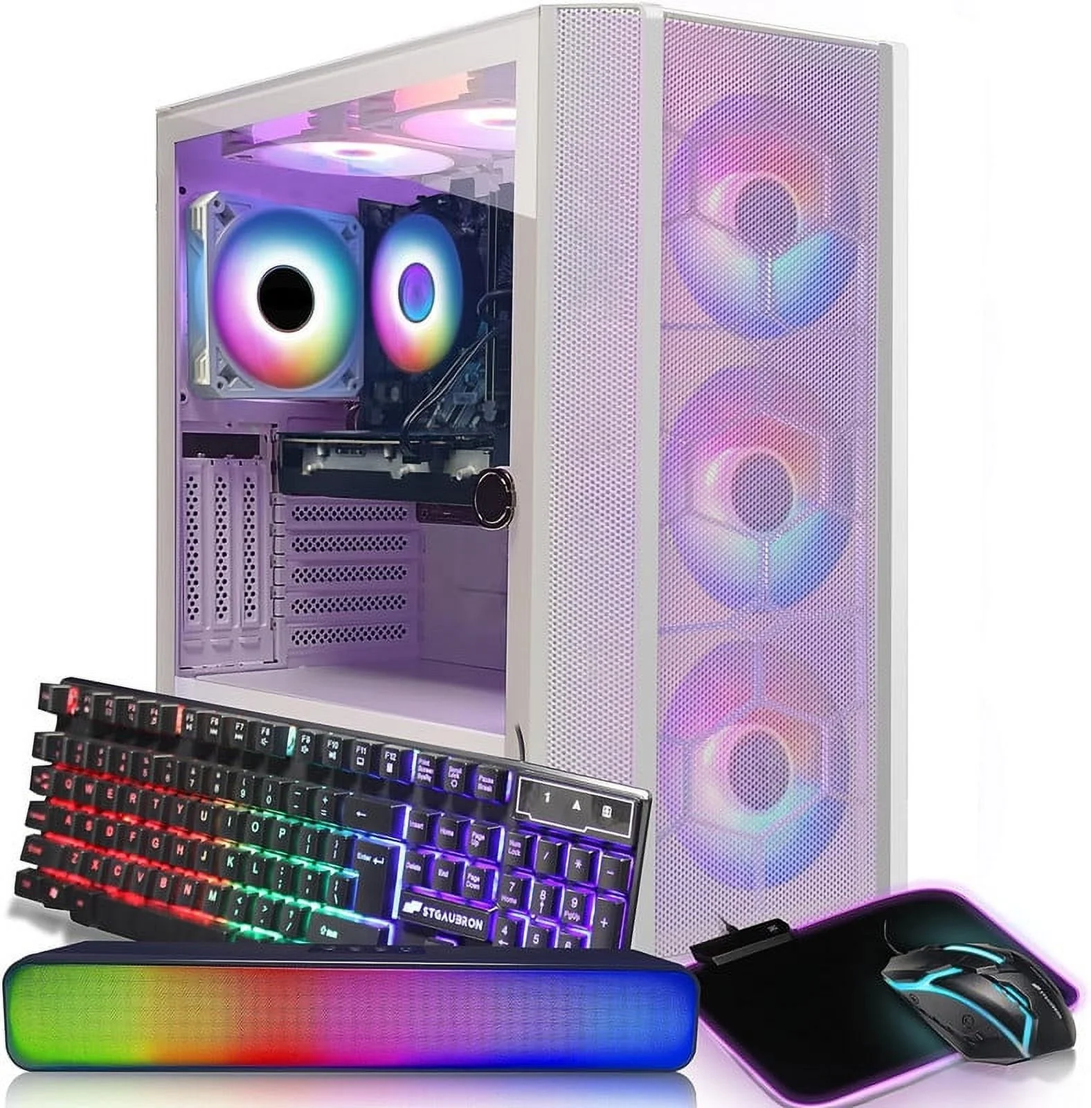 STGAubron Gaming Desktop PC, Intel Core i7 3.4G up to 3.9G, 16G RAM, 1T SSD, Radeon RX 5600 XT 6G GDDR6, 600M WiFi, BT 5.0, RGB Fan x 6, RGB KB & MS & MS Pad, RGB BT Sound Bar, W10H64