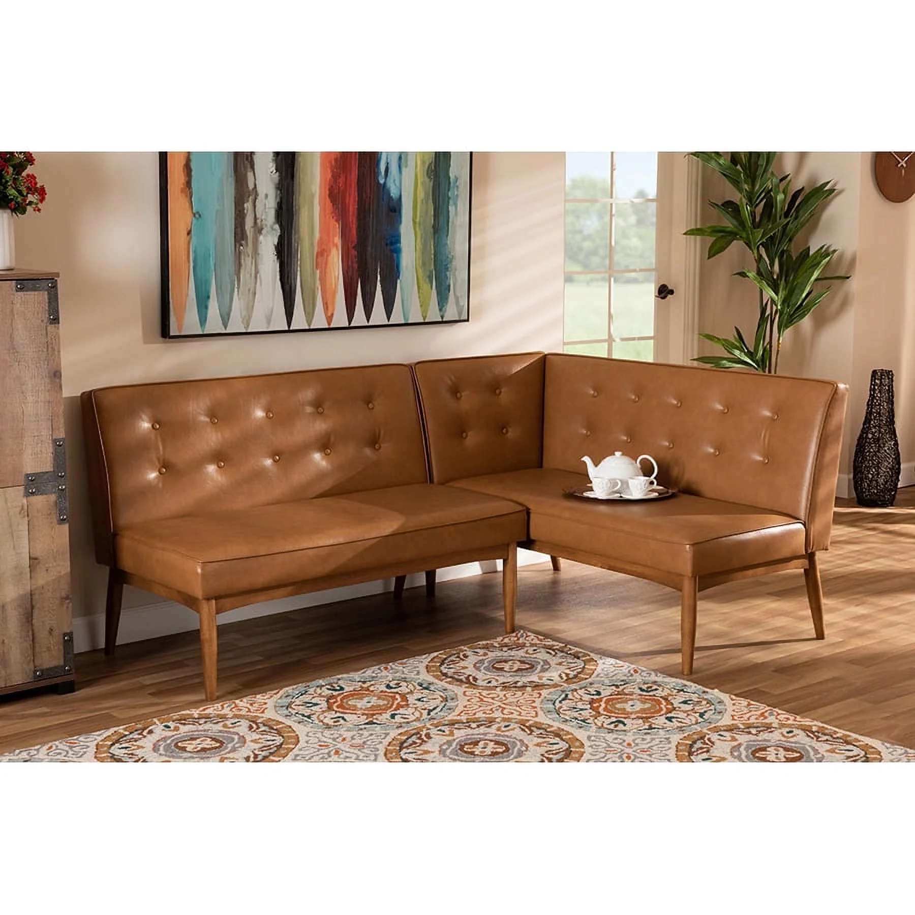 Baxton Studio Arvid Mid-Century Modern Tan Faux Leather Upholstered and Walnut Brown Finished 2-Piece Wood Dining Nook