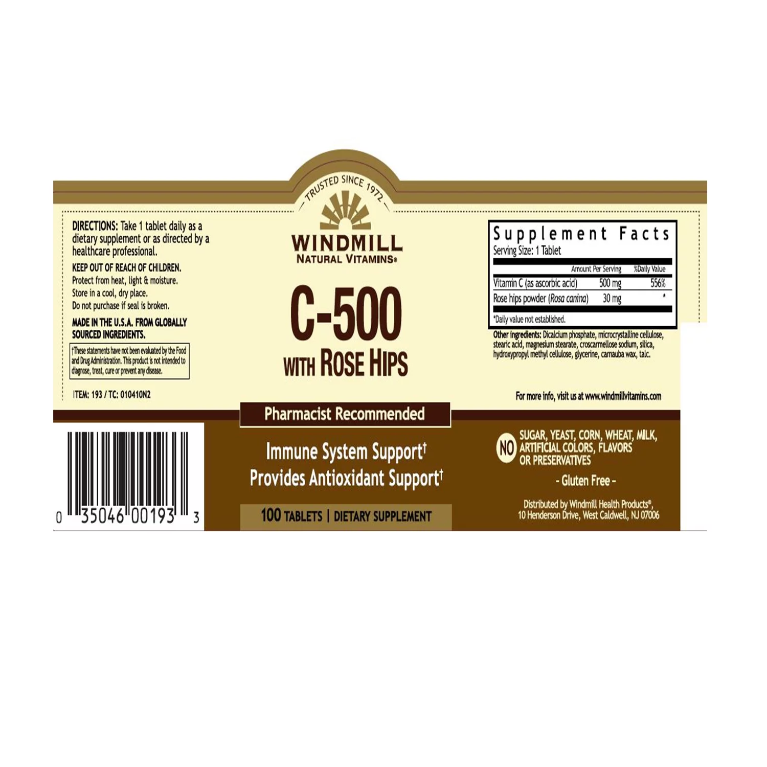 Windmill Vitamin C-500 Tablets Rose Hips 100 Tablets - (Pack of 2)