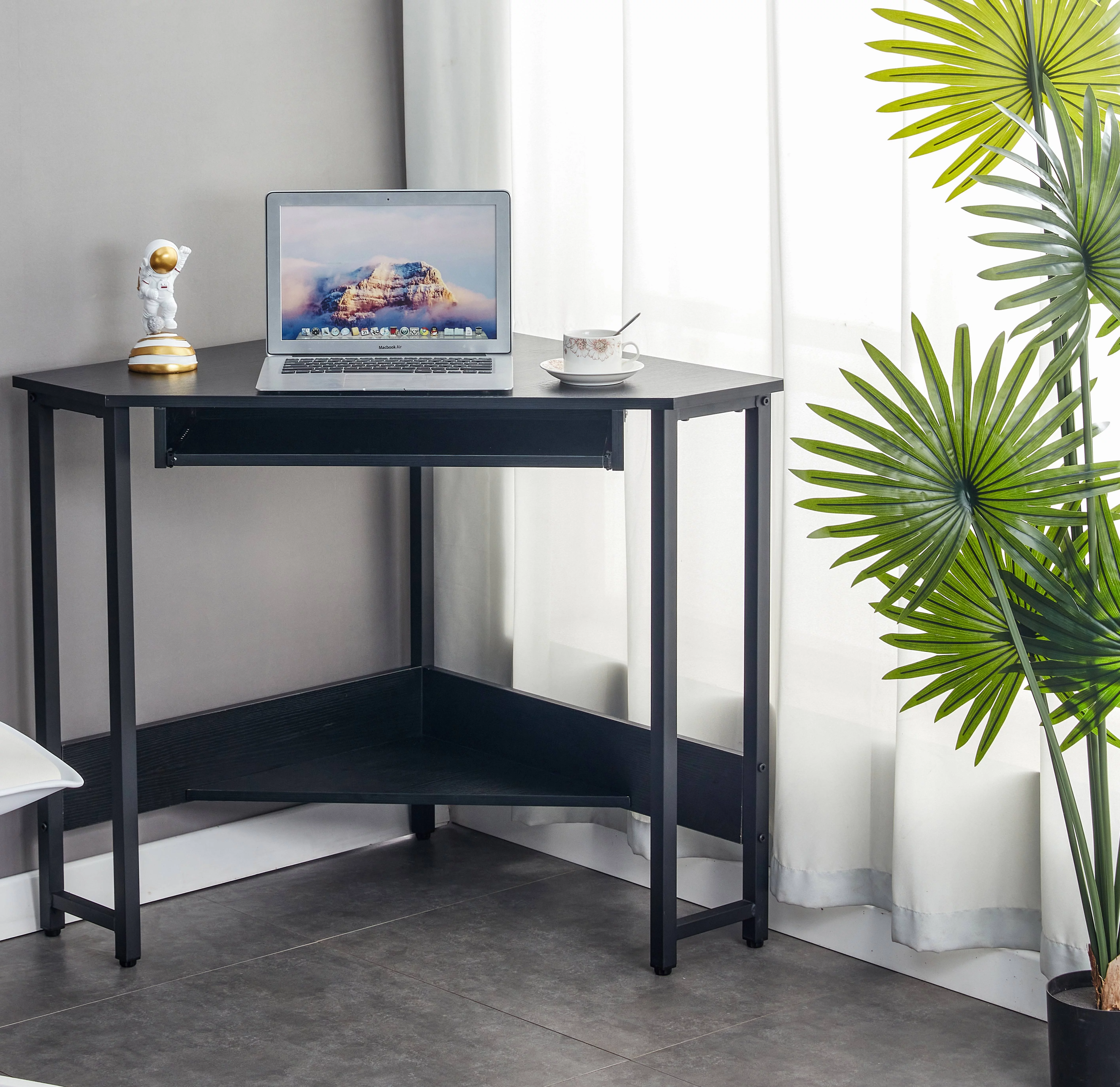 Triangle Computer Desk,Corner Desk With Smooth Keyboard Tray& Storage Shelves ,Compact Home Office,Small Desk With Sturdy Steel Frame As Workstation For Small Space,BLACK,28.34''L 24''W 30.11''H