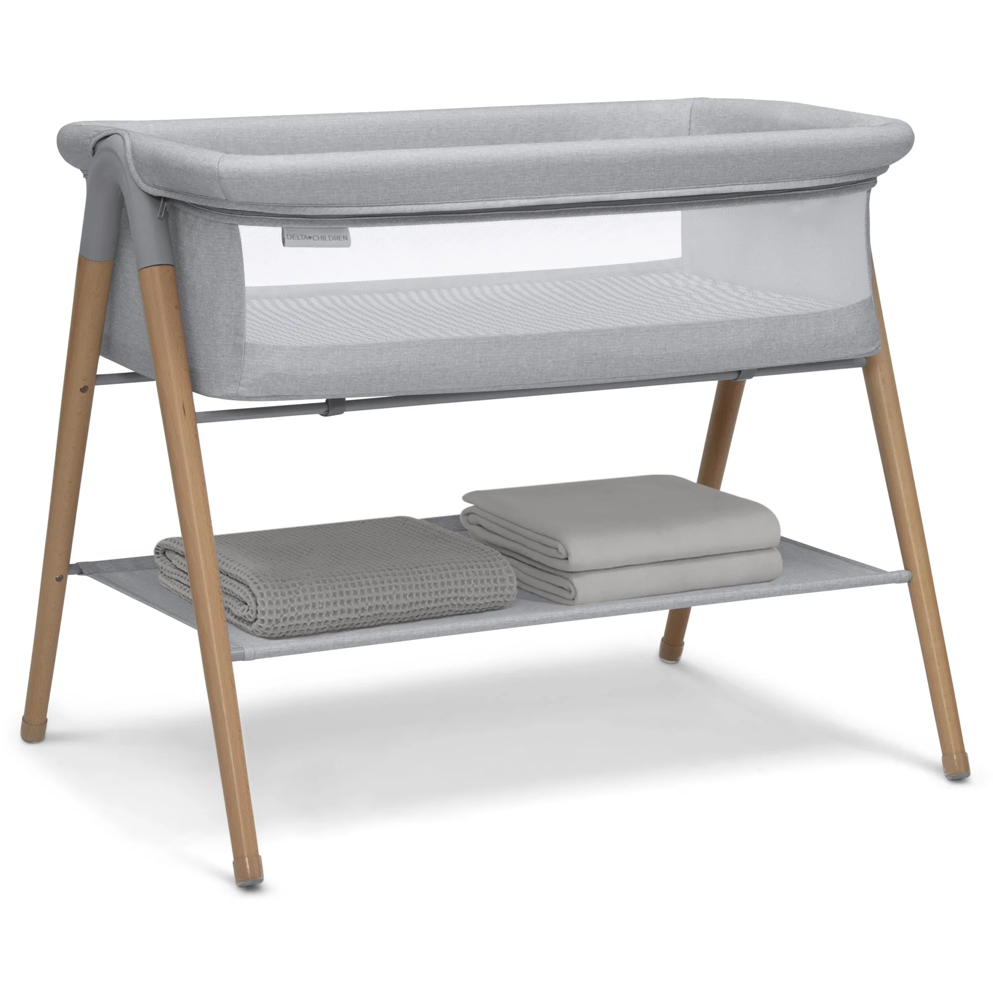 Delta Children Haven Beechwood by the Bed Bassinet with Breathable Mesh and  Natural Beechwood Legs, Grey Stripe