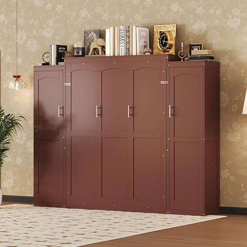 KLMM Wooden Murphy Bed Wall Bed with 2 Wardrobe and Storage Shelf,Foldable Platform Bedframe for Guest-Room Bedroom Study Office Use (White#E, Full)