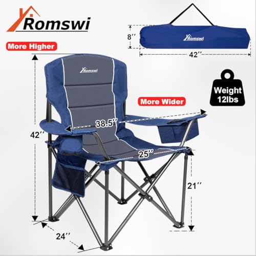 Romswi Oversized Camping Chairs,Heavy Duty Support 500 LBS,Padded Back & Arm Sport Chairs, Cup Holder Cooler Bag, Collapsible Folding Chairs for Outdoor, Fishing & Garden, Blue,2-Pack