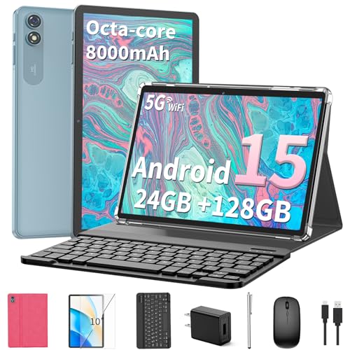 2025 Android 15 Tablet with Keyboard, 24GB+128GB+2TB Expand, 10.1 Inch Octa-Core 2-in-1 Tablets with 5G/2.4G WiFi, 8000mAh, BT5.0, GMS Certified, with Mouse, Case, Stylus, Split Screen(Green)