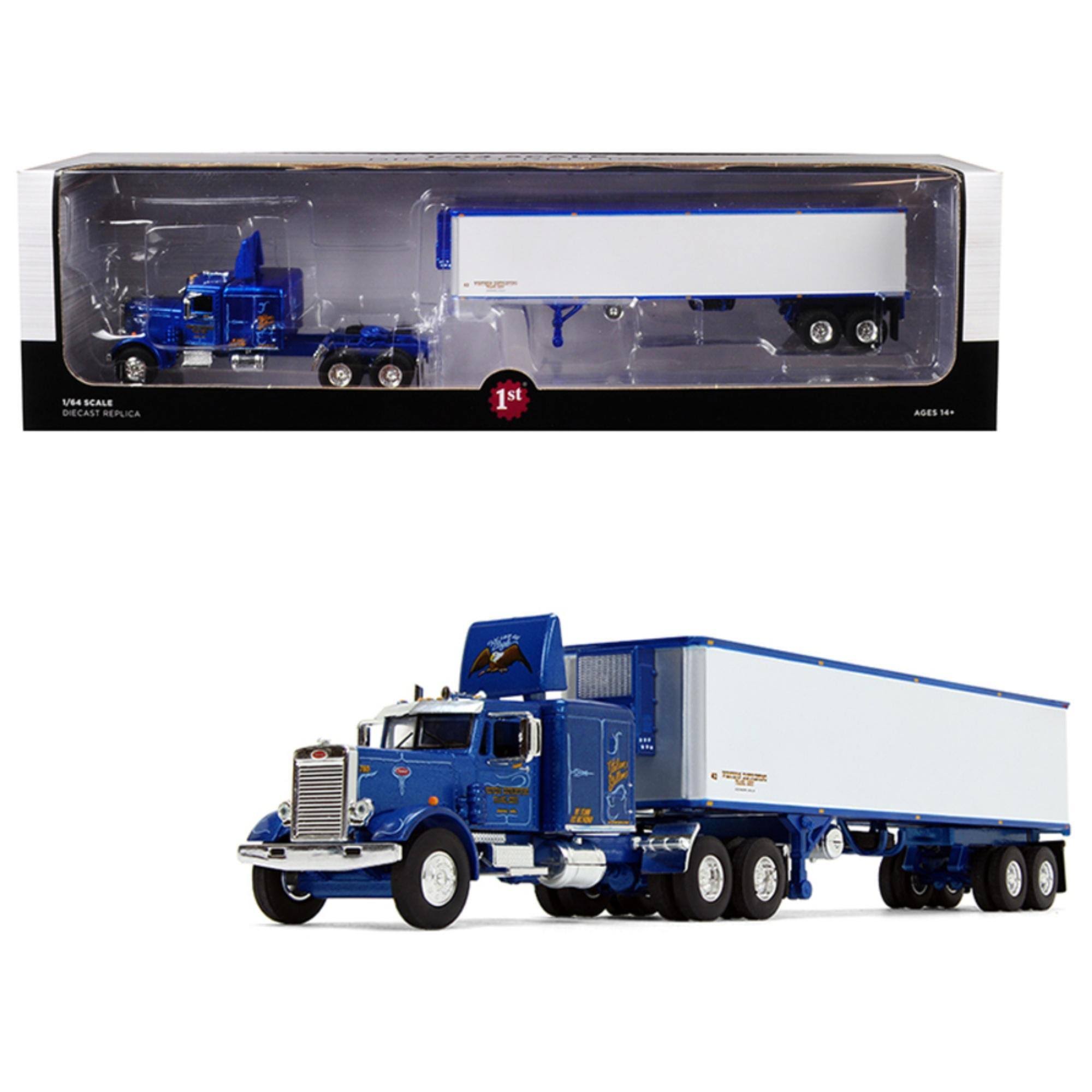 First Gear 60-0439 1 by 64 Scale Diecast 63 ft. Sleeper Cab with 40 ft. Vintage Trailer for Peterbilt 351 Model - Blue u0026 Whi