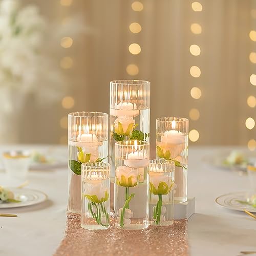Romadedi Ribbed Hurricane Candle Holders - Set of 6 Cylinder Glass Candle Holder for Pillar Clear Flowers Vases for Centerpieces Party Wedding Table Decorations Home Decor