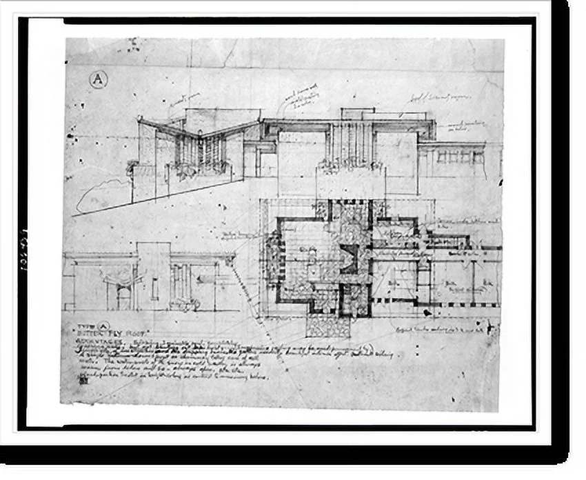 Historic Framed Print, [Two houses with variant roofs (Type A, Butterfly Roof