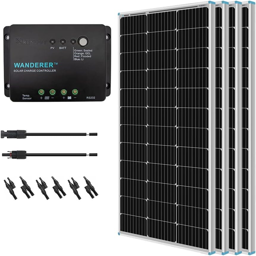 Renogy 400 Watt 12 Volt Monocrystalline Solar Panel Bundle Kit with 4 pcs 100W Panel and 30A Wanderer PWM Charge Controller for RV, Boats, Trailer, Camper, Marine, Off-Grid Solar Power System
