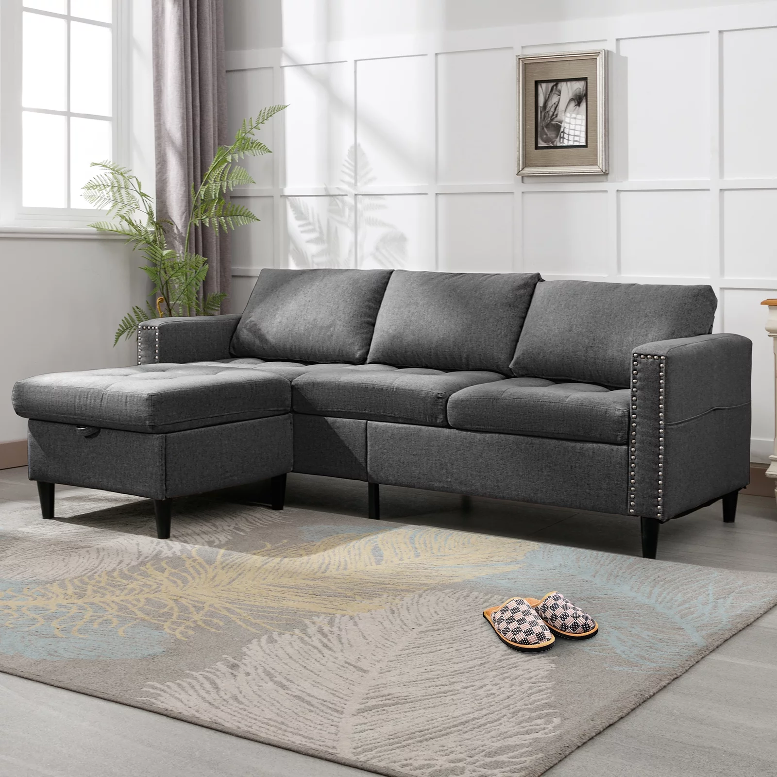 ZAFLY Reversible Sectional Couch, Set 3 Seat L Shaped Modular Sleeper Sofa Bed with Flexible Storage Ottoman Chaise, Modern Sofa Couches for Living Room/Apartment/Office - Dark Grey