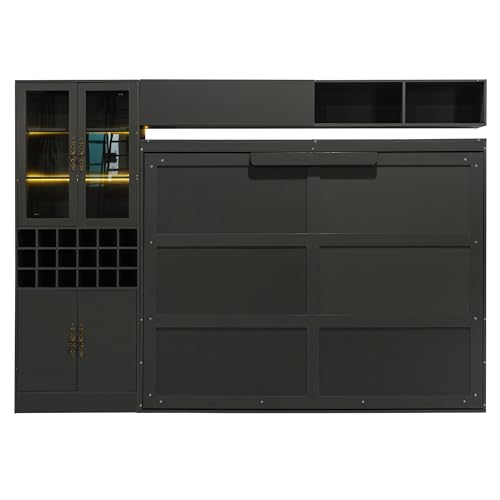 P PURLOVE Queen Murphy Bed with Sofa and Shelves, Wooden Wall Bed with USB and Light, No Box Spring Needed (White)