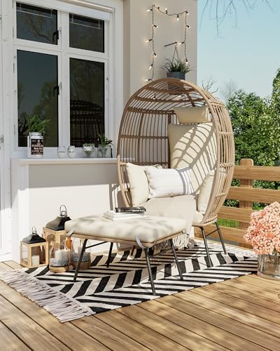 Wicker Egg Chair with Ottoman, Patio Lounge Egg Chair with Footrest, Comfy Hand-Made Rattan Chair with Thick Cusion & Metal Frame for Indoor, Outdoor, Patio and Porch, Grey