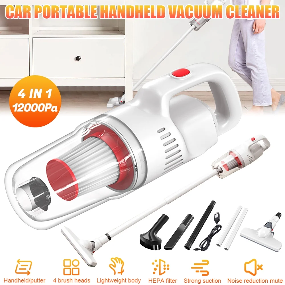 Cordless Stick Vacuum Cleaner, 12000Pa Household Cordless High-power Vacuum Cleaner, 4 in 1 Handheld (White)