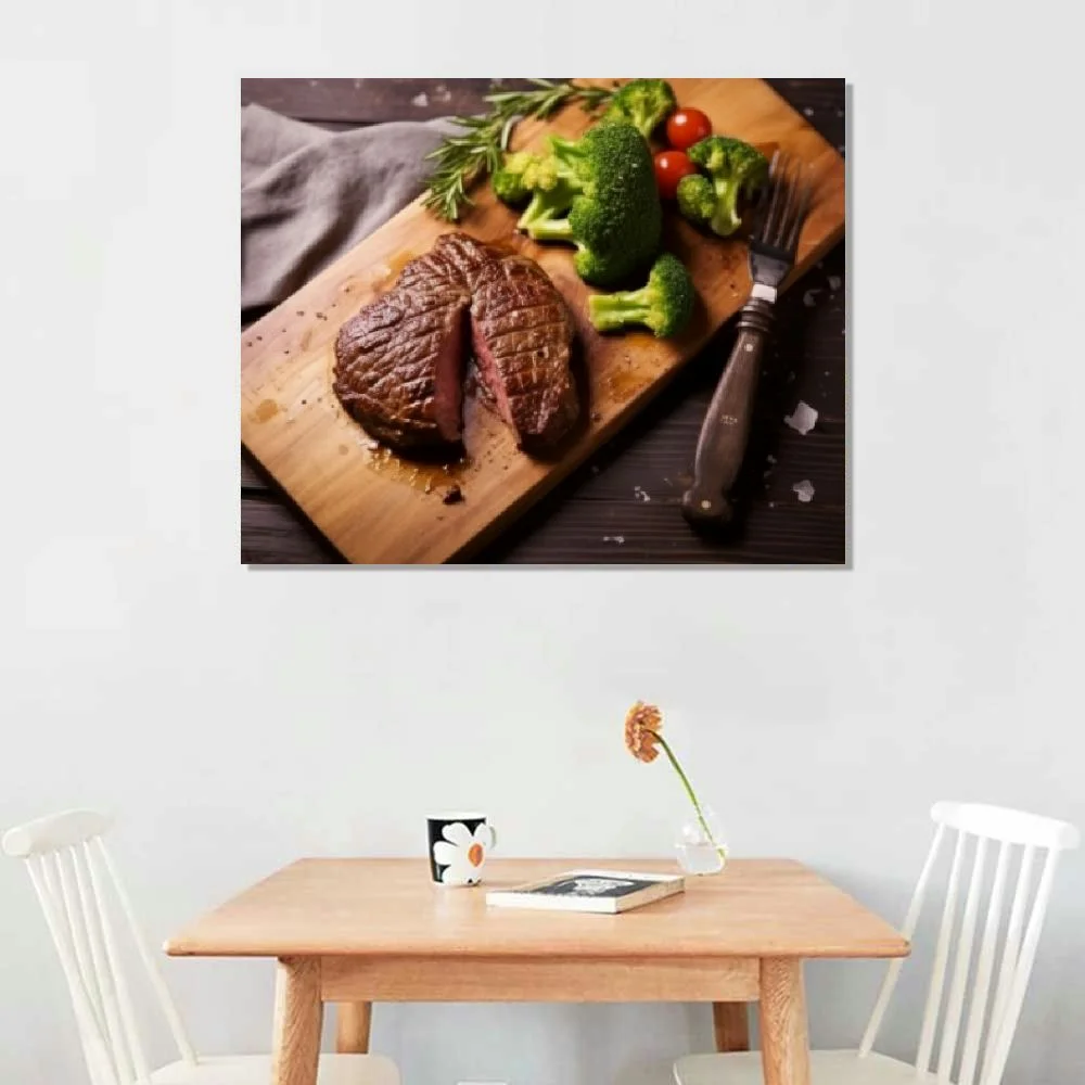 GOSMITH Medium Rare Grilled Beef Steak Ribeye With Broccoli On Cutting Board On Wooden Background Canvas Prints Poster Wall Art For Home Office Decorations With Framed