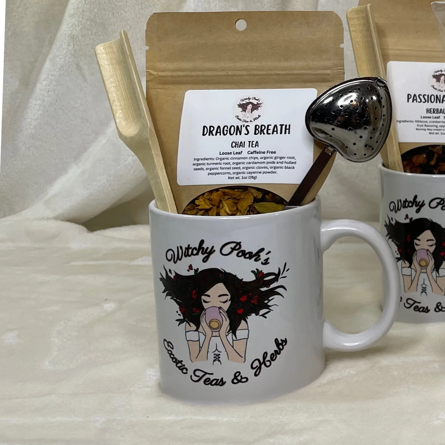 Mint Chocolate Mocha Herbal Tea Gift Mug Set With Heart Infuser with Handle & Wooden Spoon, Witchy Pooh's