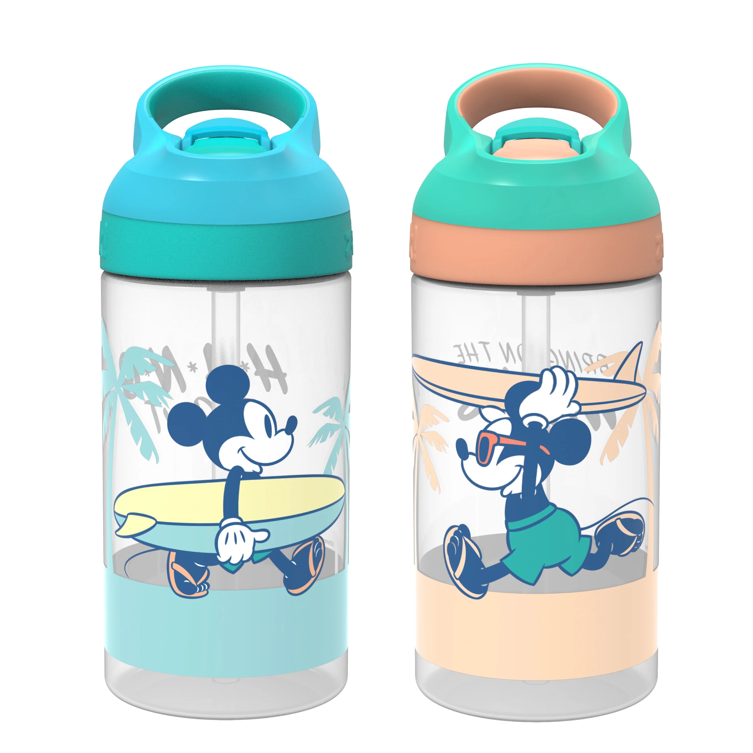 Zak Designs 2pc 16 oz Disney Kids Water Bottle Plastic with Flip Straw Spout Cover and Carry Handle, Disney Mickey Mouse Street Beach