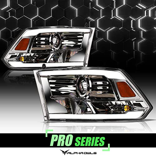 Alpha Owls 8710401 Crystal Headlights With Switchback Sequential LED Light Bar & Startup Light - Black Amber Fits 2009-2018 Dodge Ram 1500 2500 3500/2019-2023 Classic Halogen Models