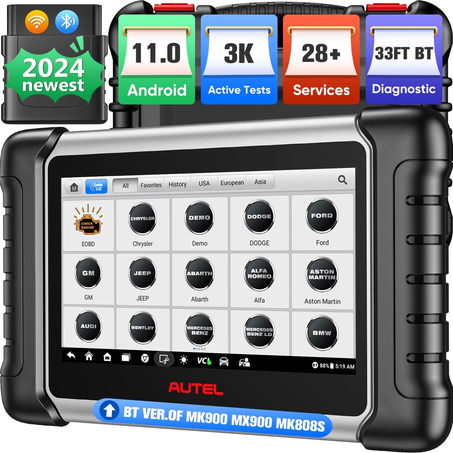 Autel MaxiCOM MK808BT PRO: 2024 Bidirectional Tool Up of MK900/ MX900/ MK808S/ MK808BT/ MaxiCheck MX808S/ MK808Z, 3K+ Active Tests as MK900BT, OE Full Sys, 28+ Services, OS 11, FCA SGW, Support BT506