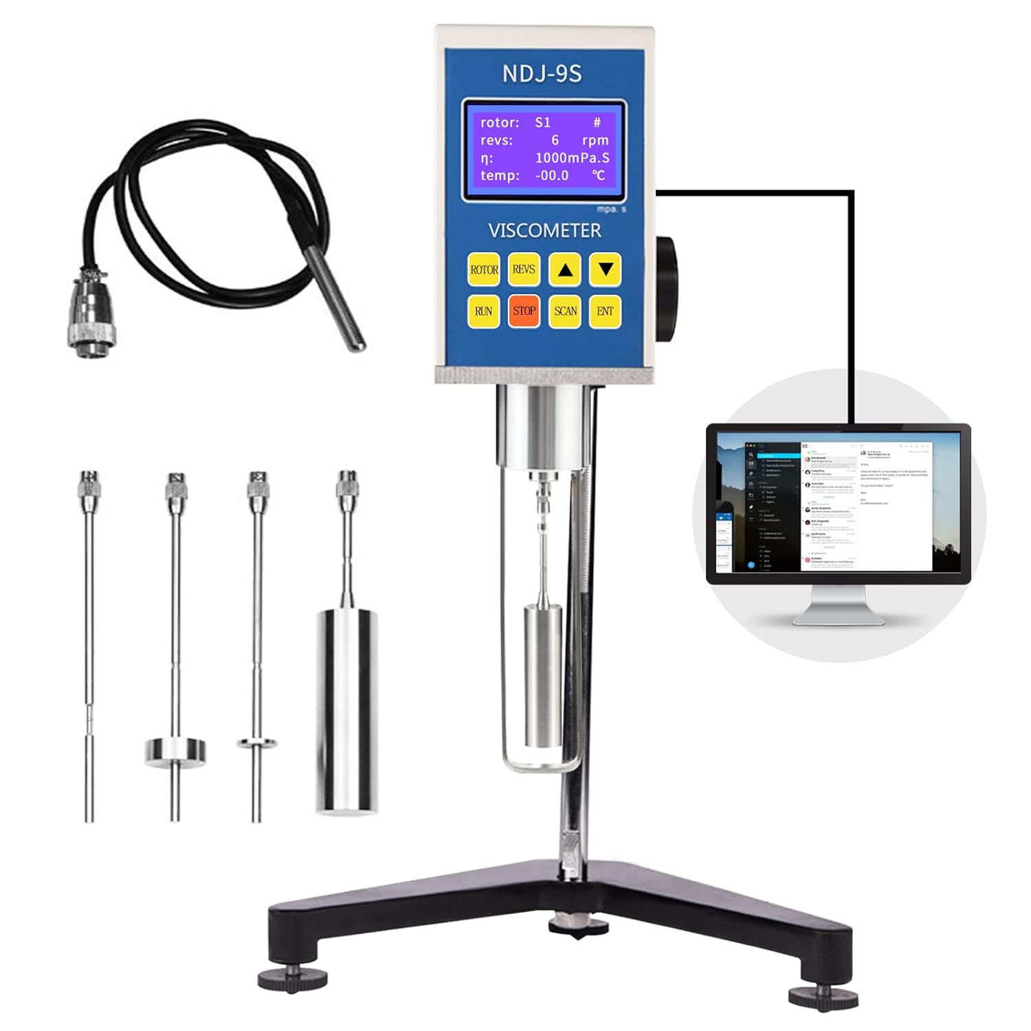 Digital Rotary Viscometer with Temp. Probe 10-6, 000,000 mPa.s Viscosity Meter Tester with Data Communication and Printing Software, ±3% 110V