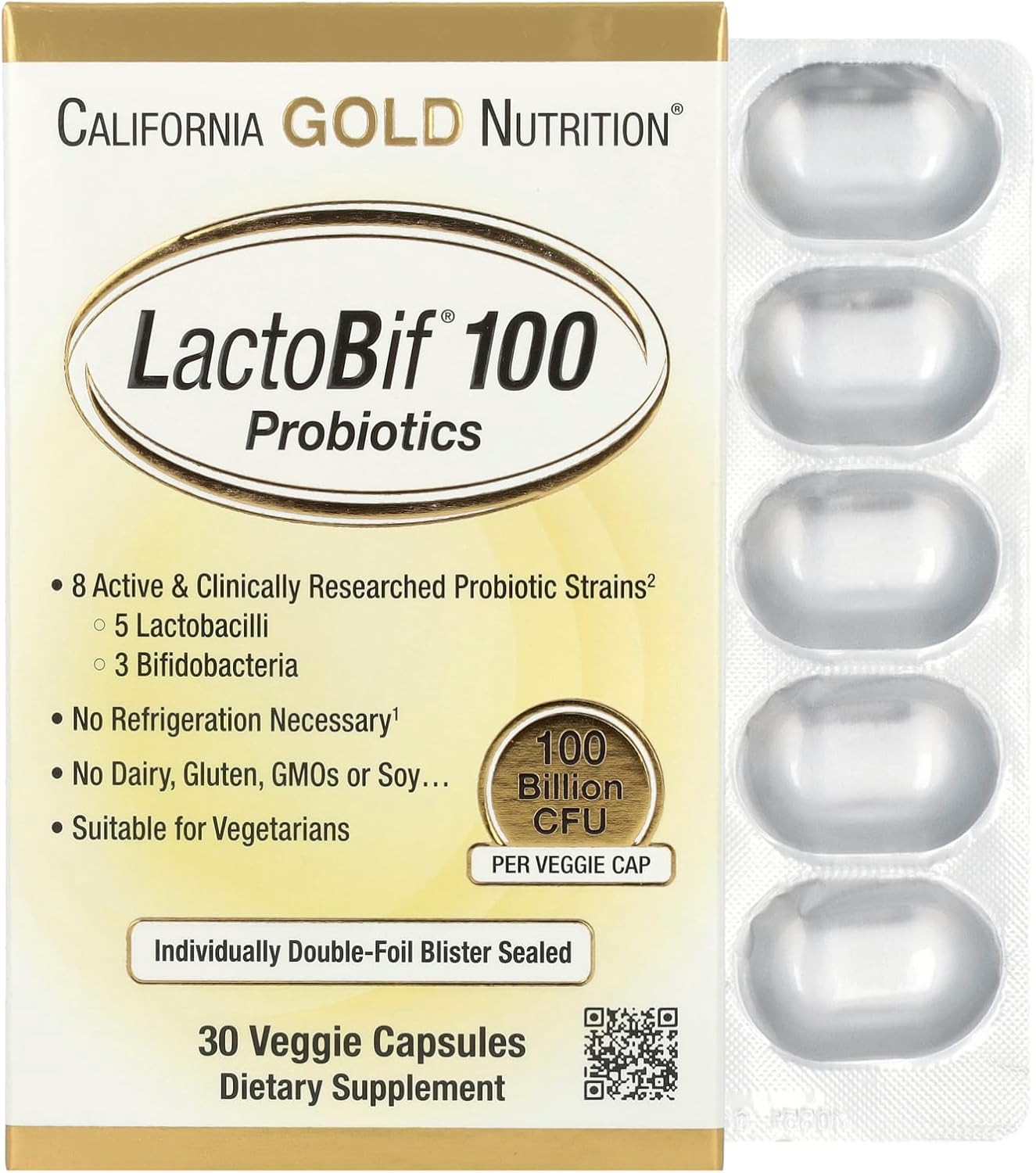 LactoBif Probiotics, 100 Bllion CFU, 8 Active & Clinically Researched Probiotic Strains, Soy-Free, Sugar-Free, Vegetarian, Individually Double-foil Blister Sealed, 30 Veggie Capsules