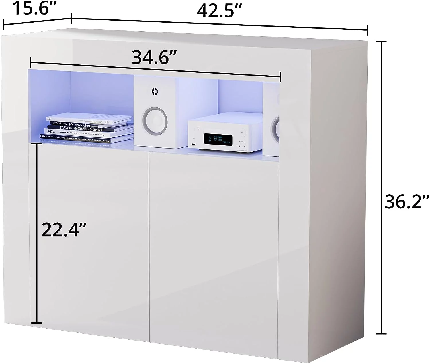 Cozy Castle Modern Buffet Cabinet with LED Lights, High Glossy Sideboard Storage Cabinet with 2 Doors and Adjustable Shelf, Wood Bar Cabinet for Living Room, Kitchen, White