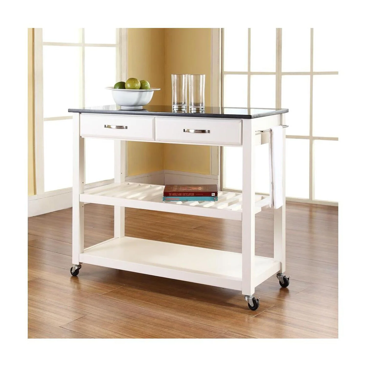 HomeStock Mountain Lodge Granite Top Kitchen Prep Cart White/Black