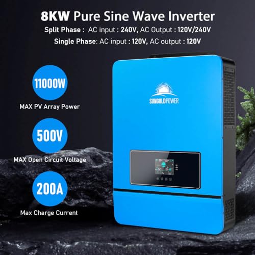 SUNGOLDPOWER 8000W 48V Solar Inverter, Built-in 2 MPPT Solar Controllers, Max 200A Battery Charging, AC Input/Output 120V/240V(settable),Pure Sine Wave Inverter UL1741(WiFi and BMS COMM)
