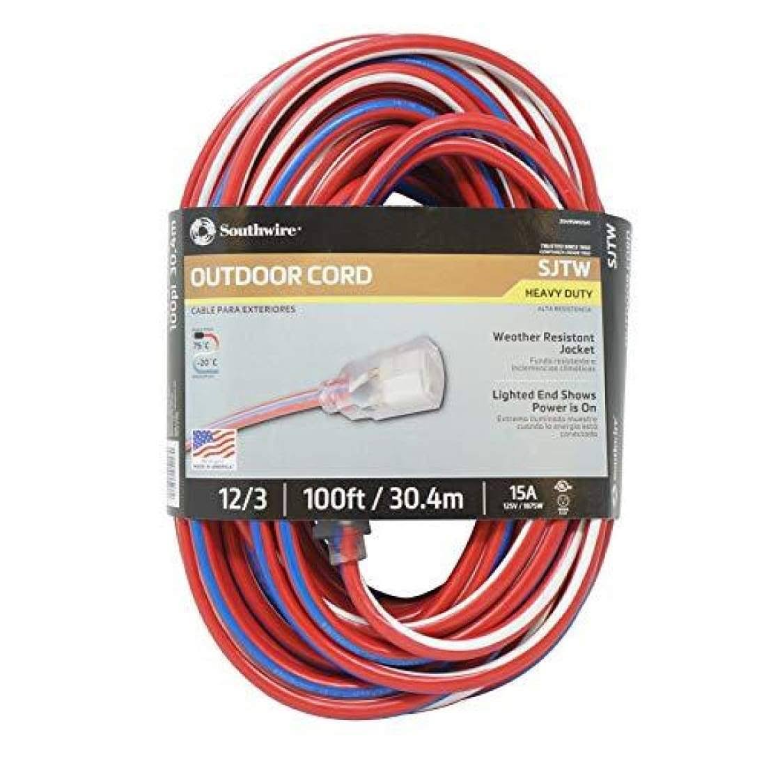 Southwire 2549swusa1 100-Feet Contractor Grade 12/3 Extension Cord with Lighted End; Red White and Blue American Made Extension