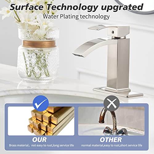 Brushed Nickel Vessel Sink Faucet, Waterfall Bathroom Faucets, Tall Spout Single Handle Single Hole Bathroom Faucets with Pop Up Drain and Without Overflow Basin Faucet Supply Line