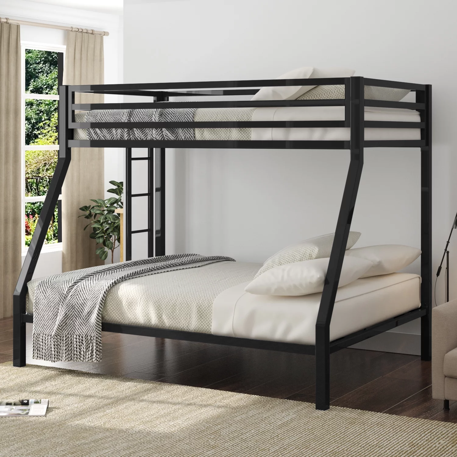 Allewie Twin Over Full Metal Bunk Bed with Removable Stairs & Full-Length Guardrail, Black