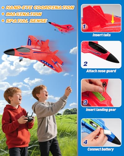 RC Plane, 2. 4GHz Remote Control Airplane with Gyro Stabilizer/LED Light/2 Rechargeable Batteries Easy to Fly RC Glider Toy for Kids Boy Girl Beginners (Red)