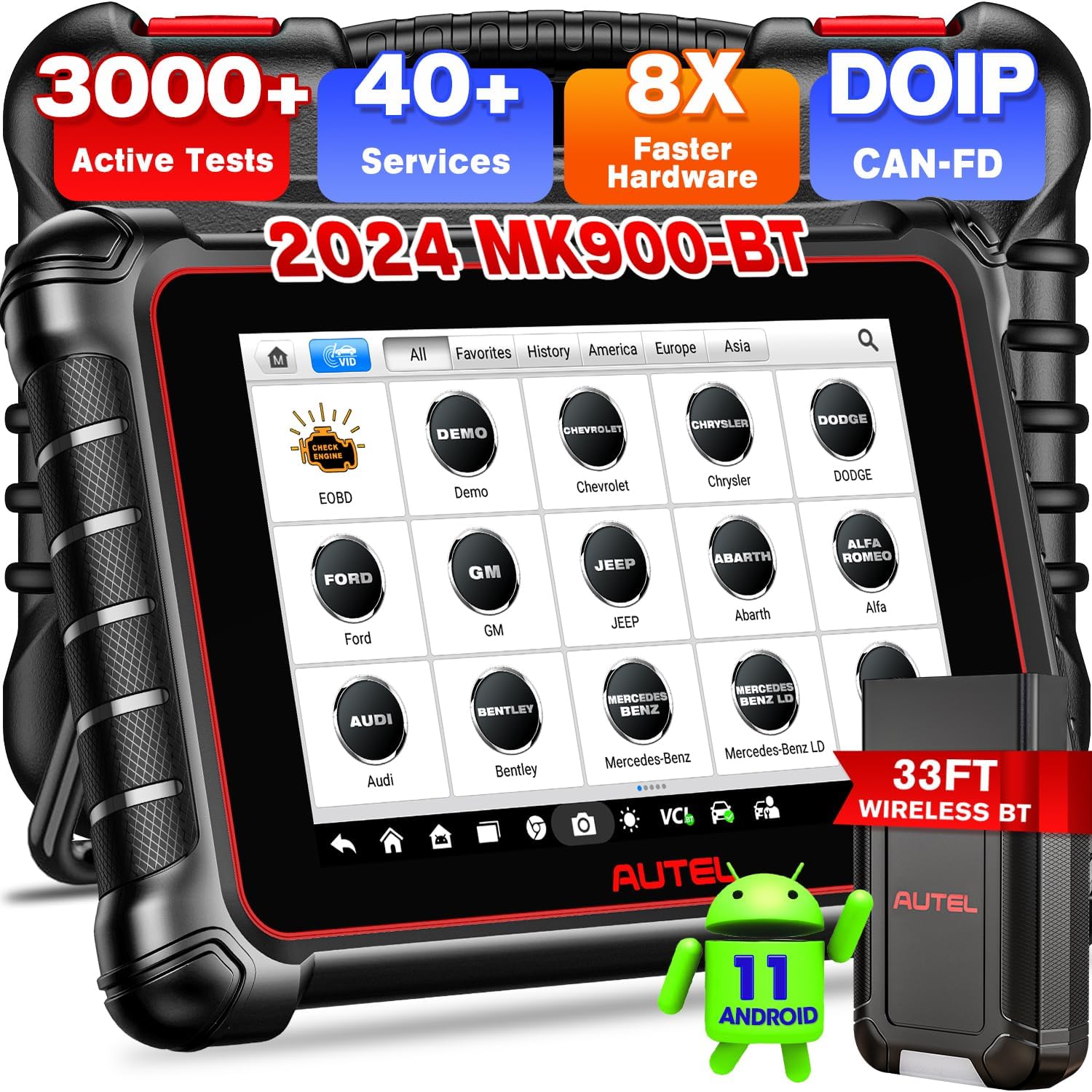 Autel Scanner MaxiCOM MK900-BT, 2024 OS 11 MK900BT Fully Functional Bidirectional Scan Tool, Up of MK900 MX900 MK808BT PRO MK808S MX808S MK808Z, 40+ Reset, CAN FD/DoIP, 3000+ Active Tests, WiFi Print