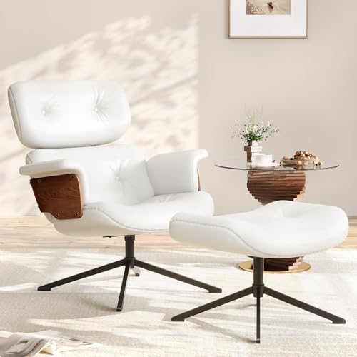 Mid Century Recliner Swivel Chair with Ottoman, Ergonomic Armchair with Comfy Cushion, Walnut Wood Base, PU Leather, Heavy Duty Support for Living Room, Black