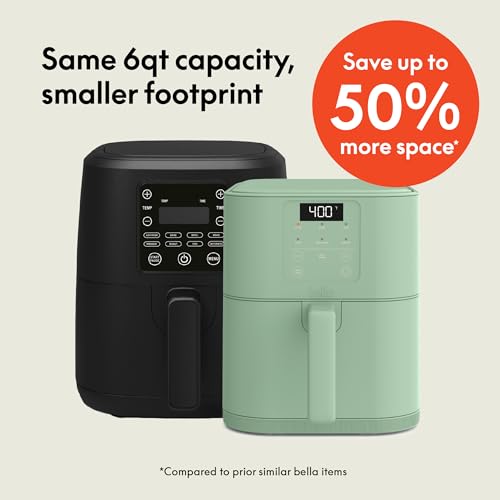 bella 4Qt Slim Air Fryer, Fits-anywhere™ Kitchenware, EverGood™ Ceramic Nonstick Coating, Adjustable Temperature, 6 Preset Cooking Options, 60 Min Auto Shutoff w Audible Tone, 3.3lb Capacity, Oatmilk