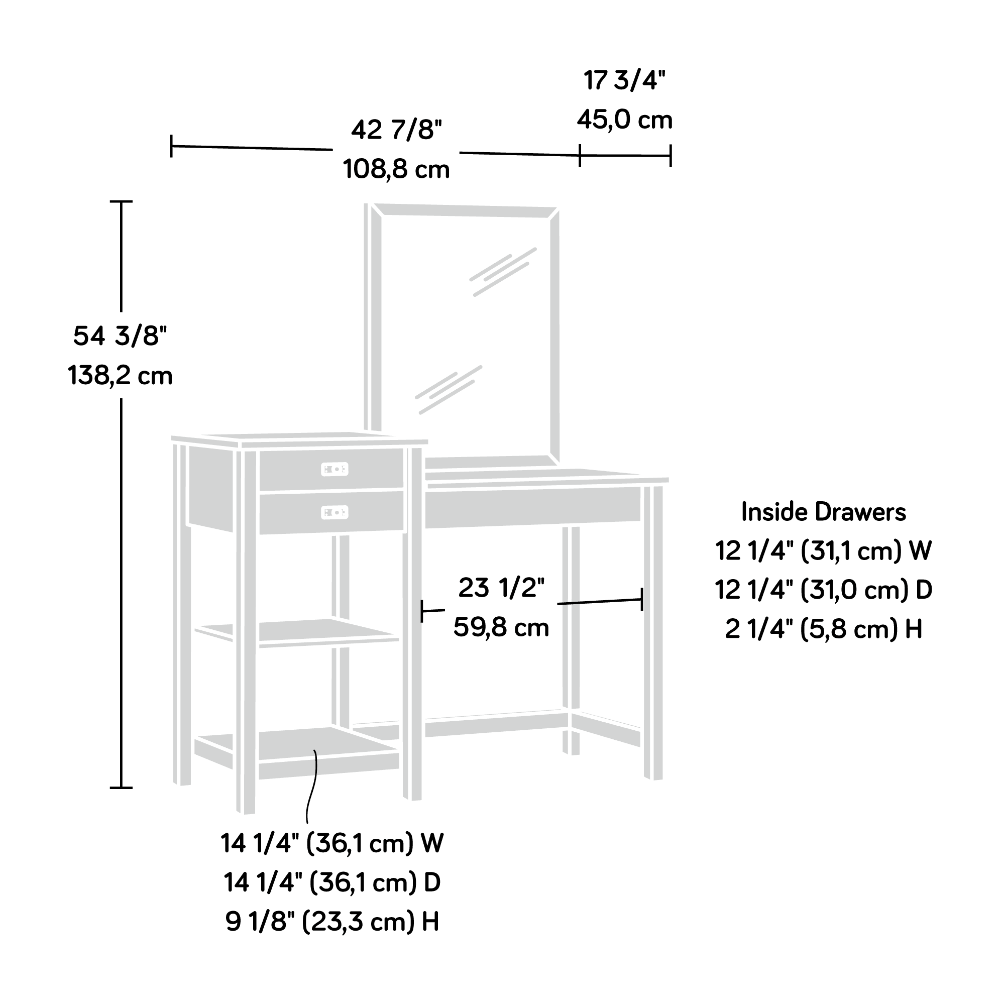 Sauder Cottage Road Bedroom Vanity with Mirror, Soft White Finish