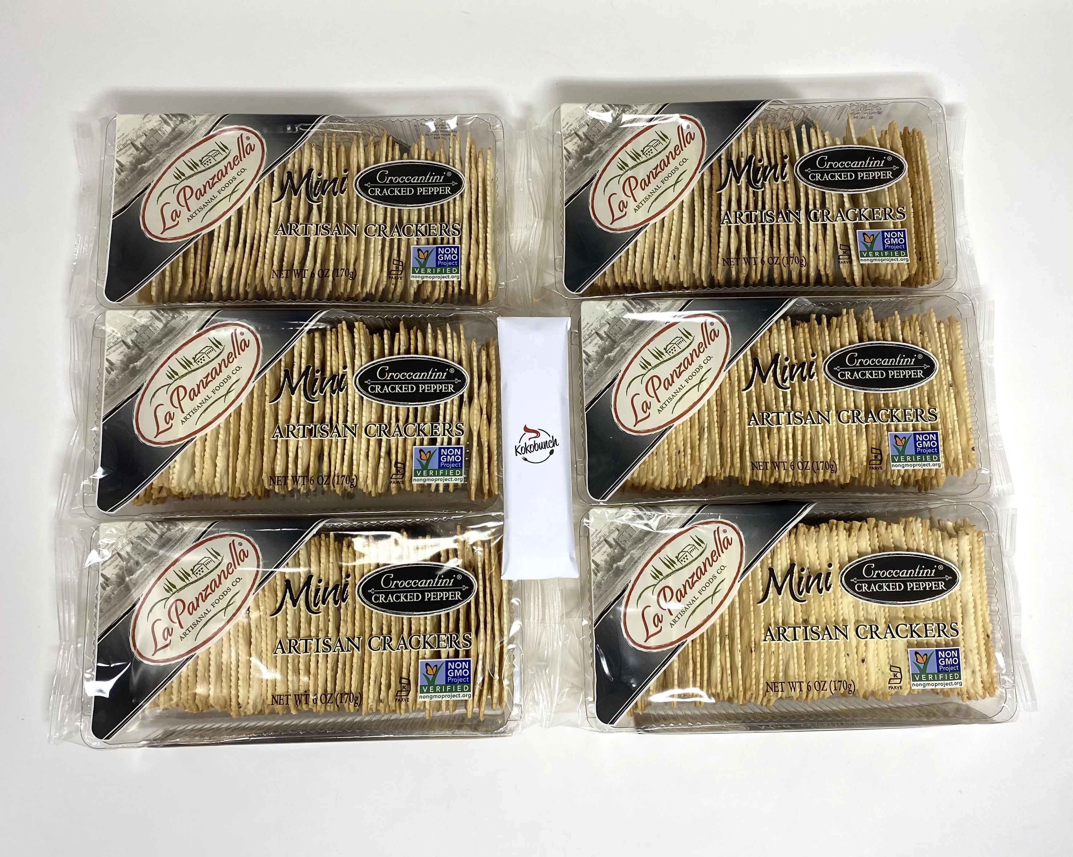 La Panzanella Artisan Crackers Mini Croccantini Cracked Pepper Gourmet Flatbread with Kokobunch Kit 6oz (Pack of 6)