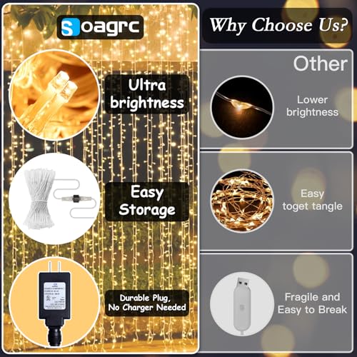 200 LED Curtain String Lights 9.8 * 6.6FT Plug in Fairy with Timer and 8 Modes, Waterproof Window Wall for Bedroom Wedding Party Indoor Outdoor Christmas Decor