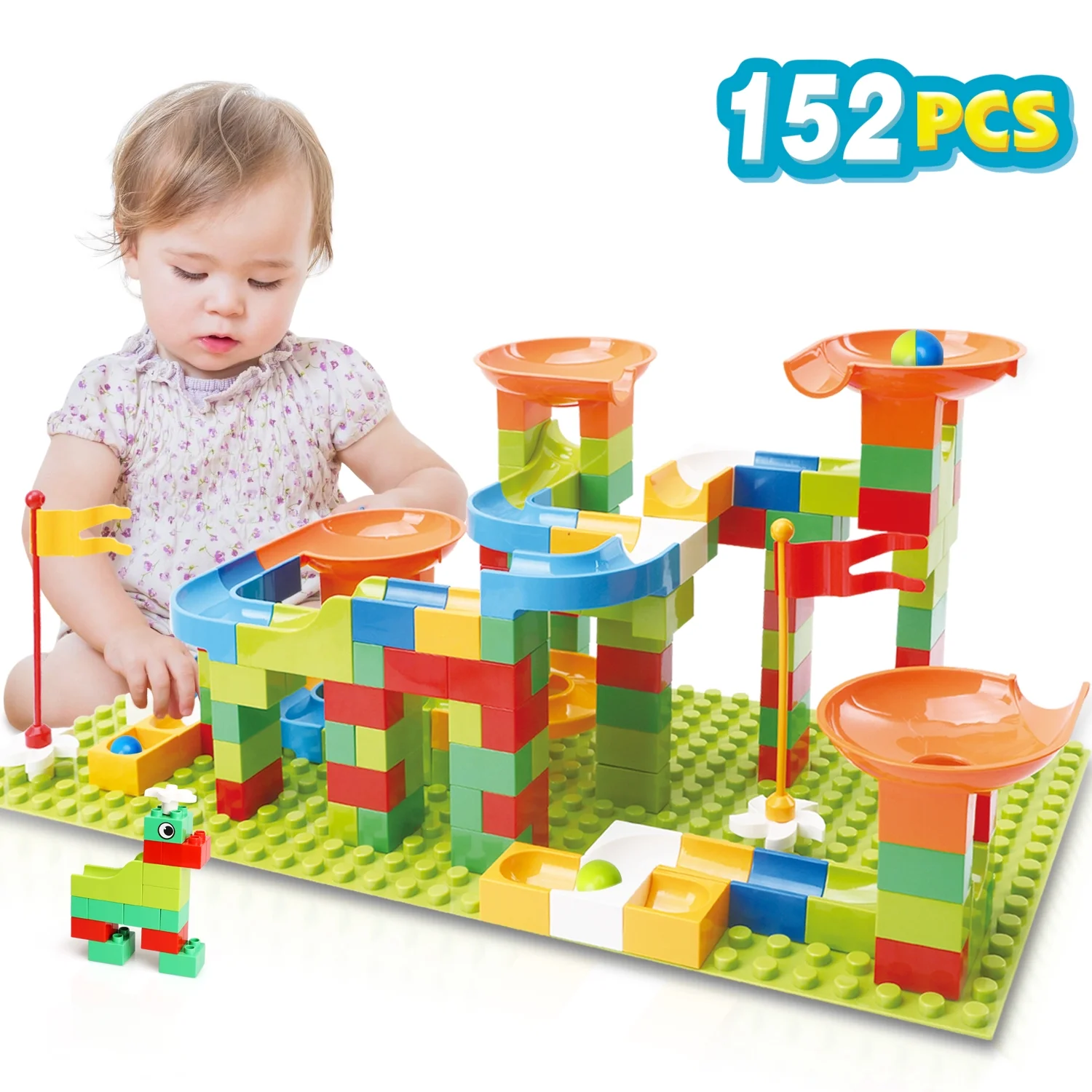 TOY Life 152 PCS Marble Run Set Building Blocks, Marble Race Tracks for Kids Includes Classic Big Blocks STEM Toy Bricks Set, Marble and Many Accessories for Toddlers, Kids Age 3,4,5,6,7,8,9+