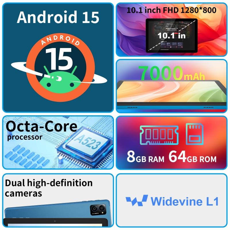 10 inch Android 15 Tablet: Octa-Core, 8GB RAM 64GB, 7000mAh, with Stand Case, IPS HD Display, Wi-Fi 6, OTG, Metal Body – Fast & Portable Tablet for Work & Entertainment, 2-Year Protection