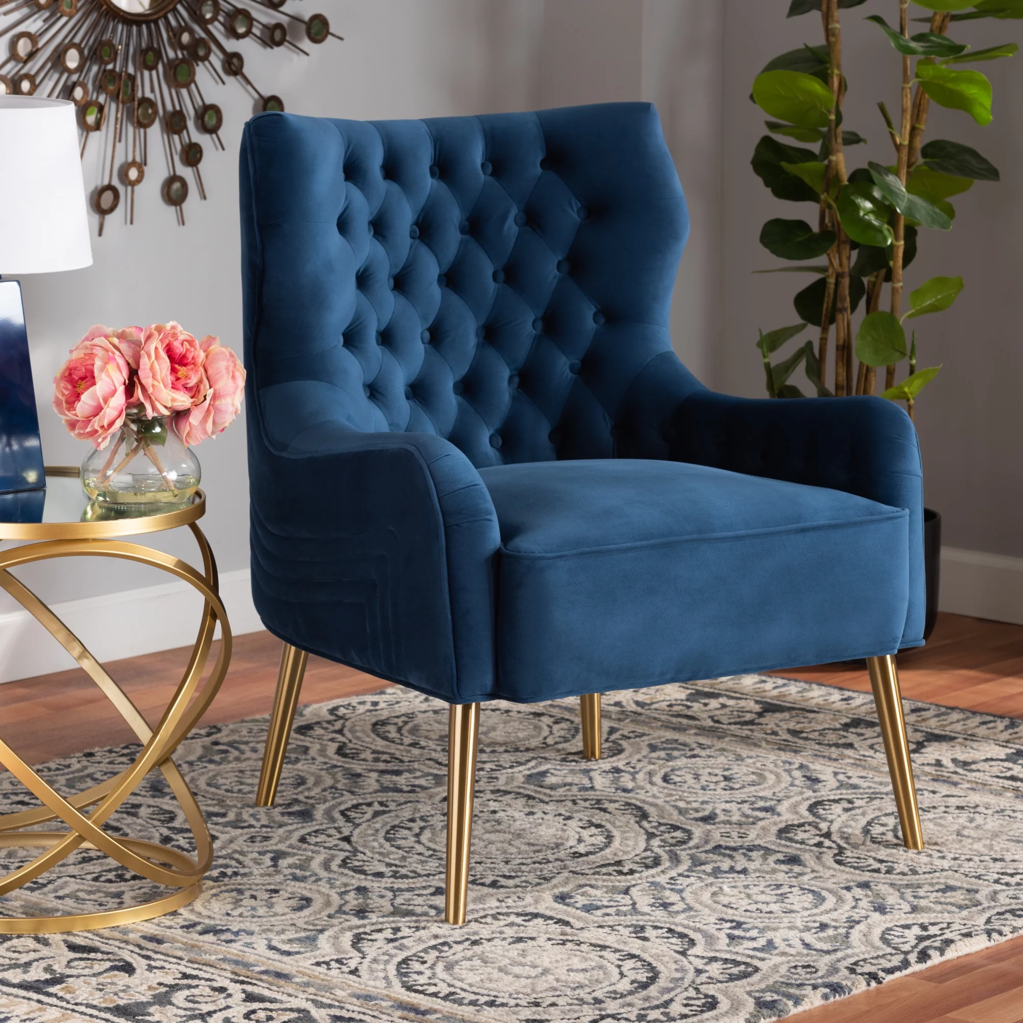 Baxton Studio Nelson Wingback Chair, Navy Blue and Gold